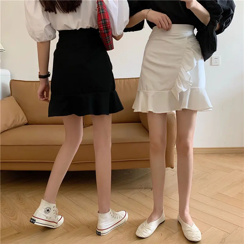 

Skirts Women Ruffles Mini Hip-skirt Irregular Bodycon Slim Student Girl Simple Fashionable Fishtail Skirt OL Asymmetrical Faldas