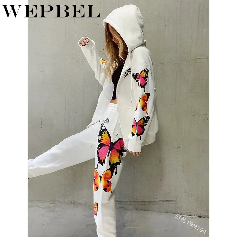 Mandylandy-chándal deportivo con estampado de mariposa para mujer, conjunto de 2 piezas con cremallera, Abrigo con capucha, Top + cordón en la cintura, Pantalones