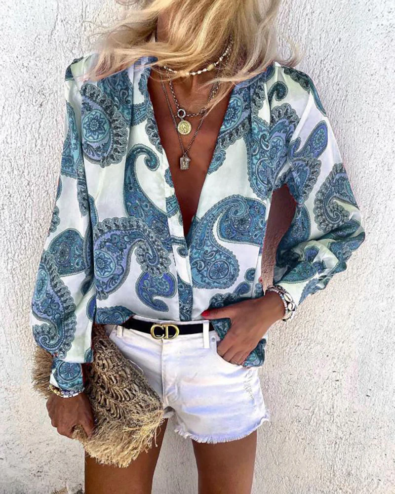 

Autumn Women Vintage Floral Print Blouse Shirts New Elegant Deep V-Neck Tops Office Lady Casual Loose Top Blouse