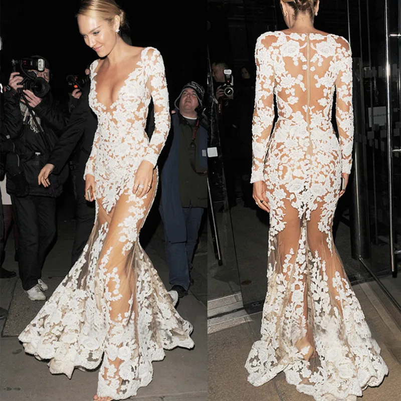 Женское элегантное белое длинное платье сексуальное прозрачное русалка Клубное