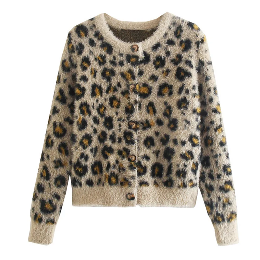 

Withered New Vintage Sexy Patchwork Winter Sweaters Women High Street Leopard Printing Knitted Cardigans Women Jacket Women Tops