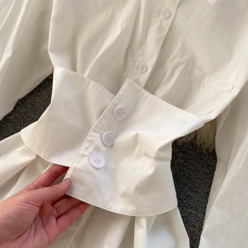 

ZCWXM Fashion White Blouse Women Spring Autumn Long Sleeve With Belt Slim Mid-length Streetwear Black Shirts Ladies Tops