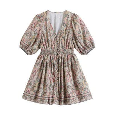 

Summer Korea Puff Sleeve Vintage Print Dresses Women Elegant Flower V-neck Dress Woman Sexy Knee-length Clothes