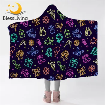 BlessLiving Merry Christmas Hooded Blanket for Adults Holiday Elements Sherpa Fleece Blanket Colorful Throw Blanket Hoodie 1PC 1