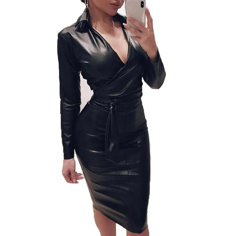 Женское облегающее платье из искусственной кожи с длинным рукавом