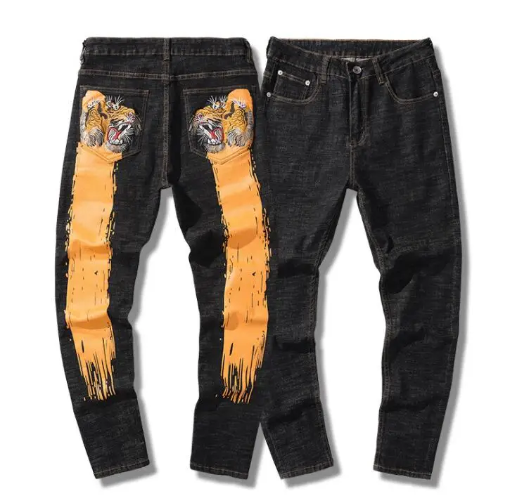 men's stretch feet jeans printed embroidery tiger trousers black original design new European and American slim fit pants