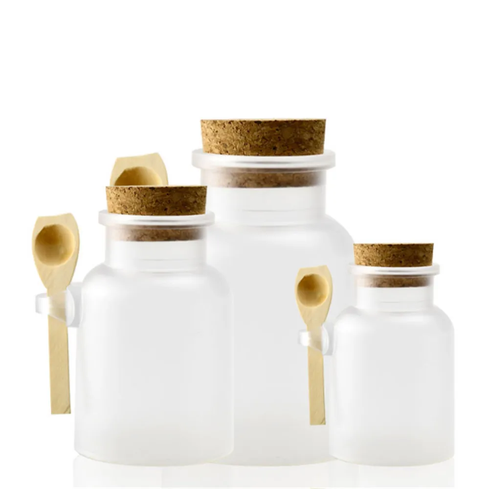 

100g/200g/300g Empty Bath Salt Bottle Plastic Matte Cork Jar Women Mask Facial Container Refillable Bottle With Wood Spoon