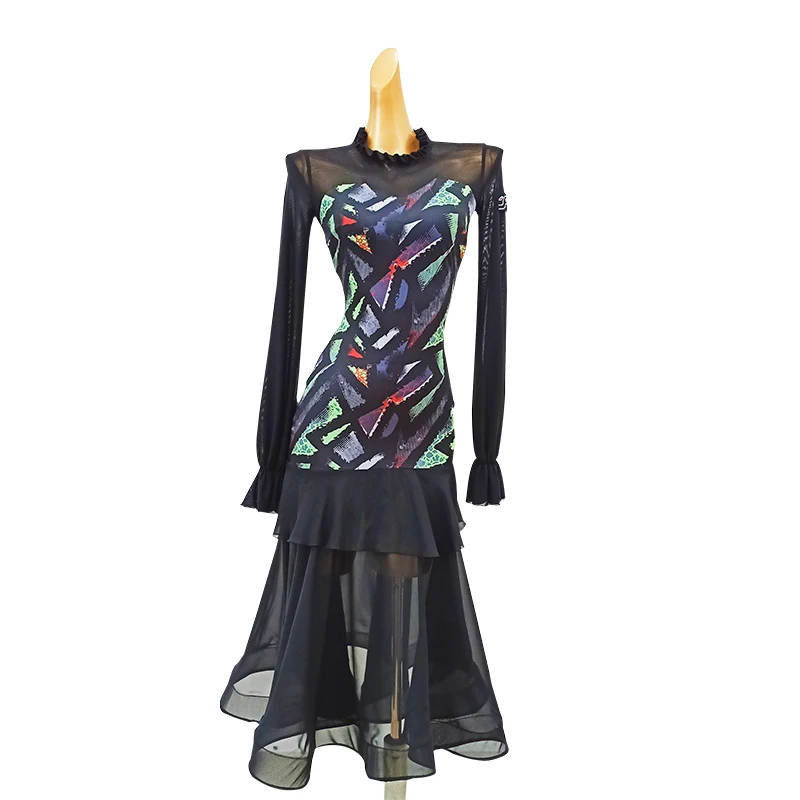 

2021 New Ballroom Dance Dress Women Puff Sleeves Mesh Long Prom Dress Ladies Waltz Tango Show Costume Modern Dancing Clothes