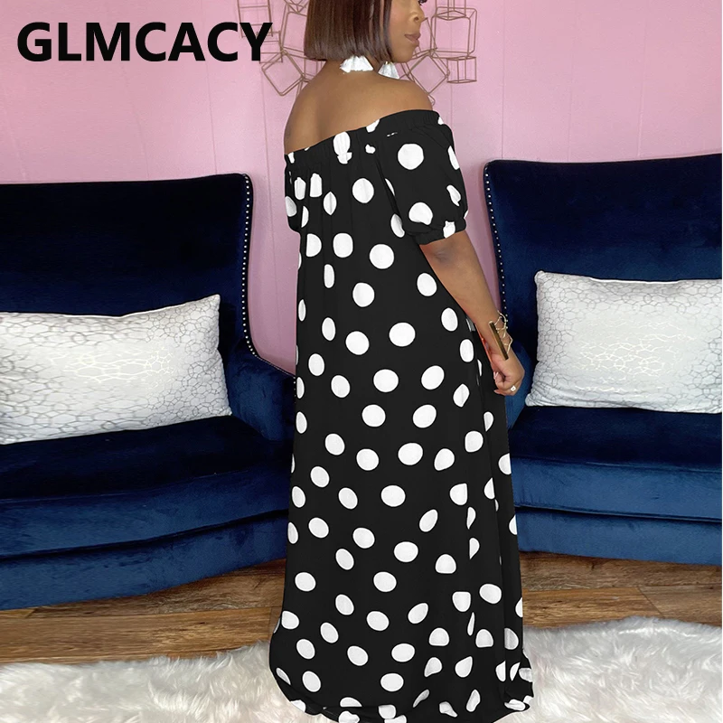 

Short Sleeve Off Shoulder Polka Dot Printed Maxi Dress Casual Loose Summer Dress
