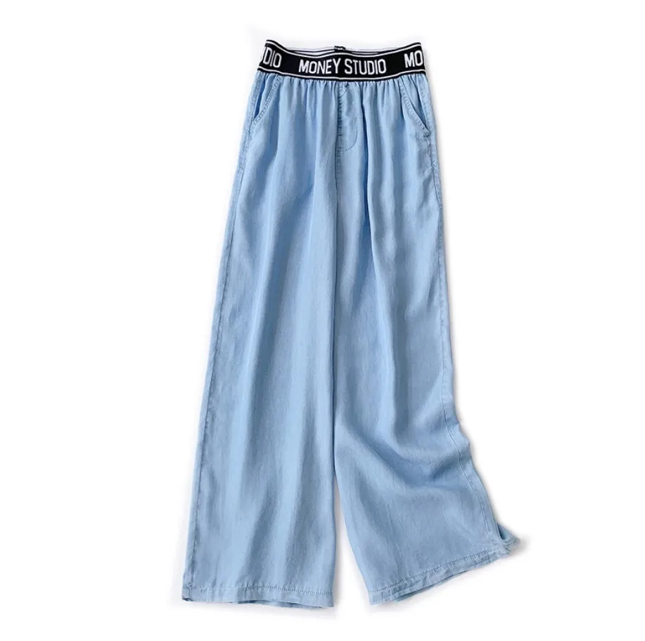 

Tencel Soft Jeans Wide Leg Pants Women Korean Casual Fashion Letter Elastic Waist Straight Thin Denim Pants 2020 Summer