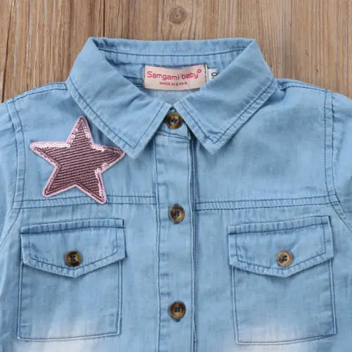 Модный костюм для маленьких девочек джинсовая рубашка с длинными рукавами и