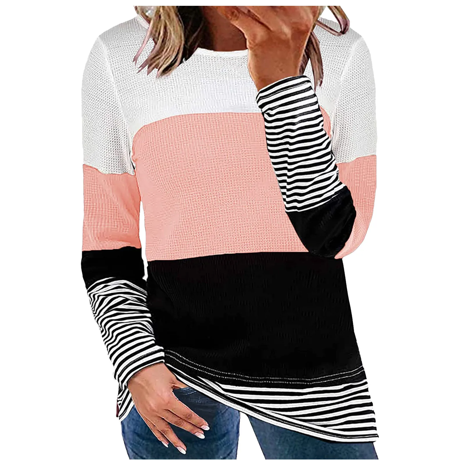 

Autumn Winter Women's Blouse Long-sleeved Striped Fashion 0-neck Elegant Stitching Sweatershirt Tops Blusas Mujer De Moda