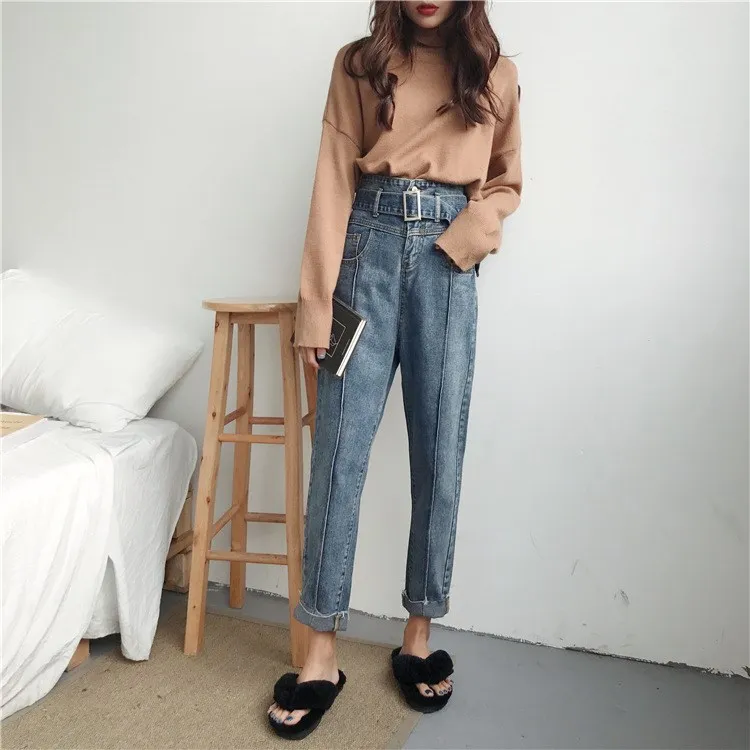 Новые осенние свободные женские синие джинсовые брюки бойфренда повседневные с