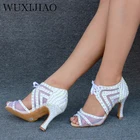 Туфли WUXIJIAO женские для латинских танцев, мягкая подошва, с жемчугом, кружево, высокий каблук, кубинский каблук, обувь для танцев