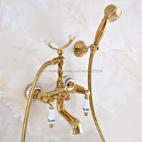 Gold Color Brass Dual Handles Bathtub Shower Faucet Wall Mount Bathroom Tub Faucet with Handheld Sprayer Nna907