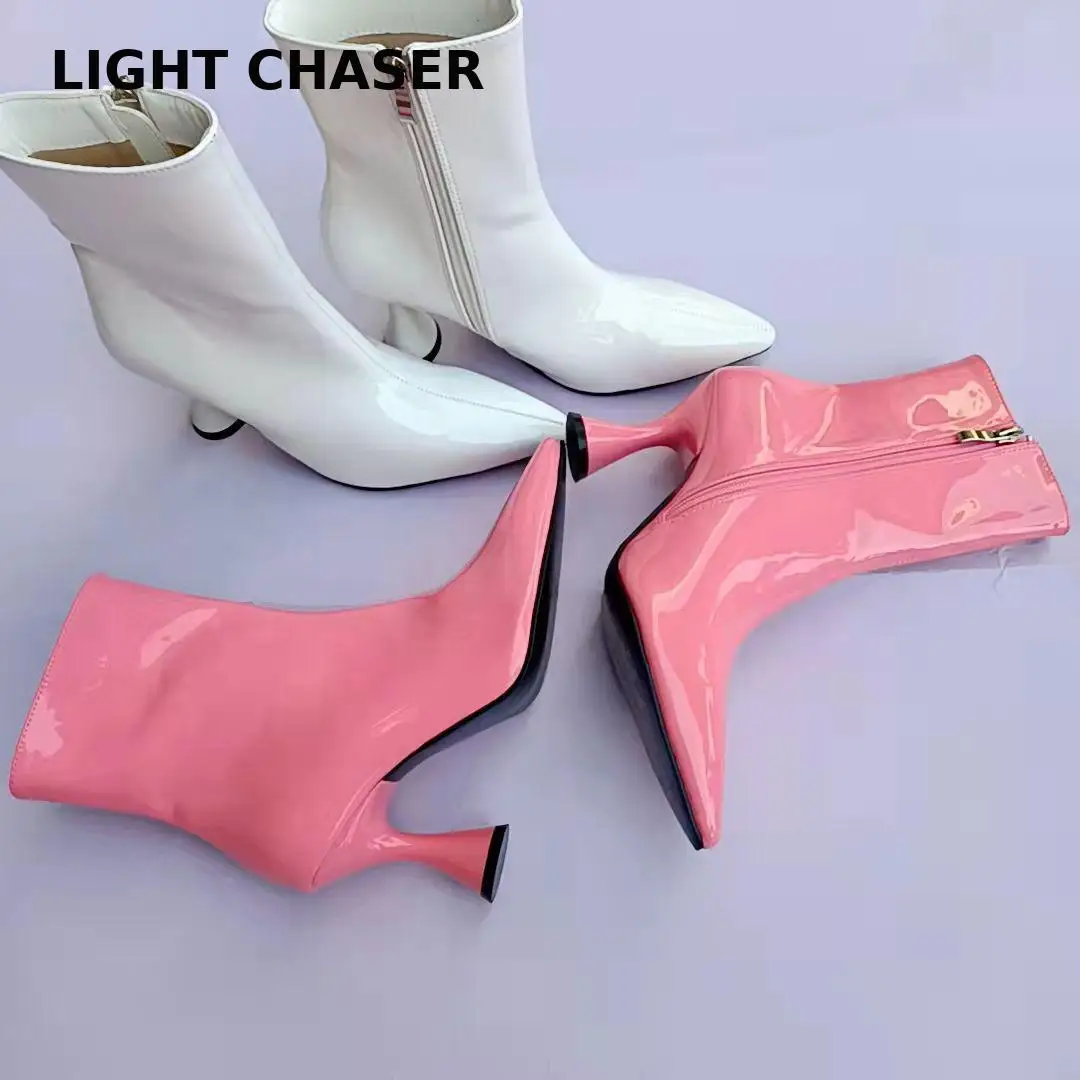 New Fashion Pointed Patent Leather Candy-colored Women's Boots, Solid Color Mid-boots, Stiletto Explosive Women's Short Boots 42