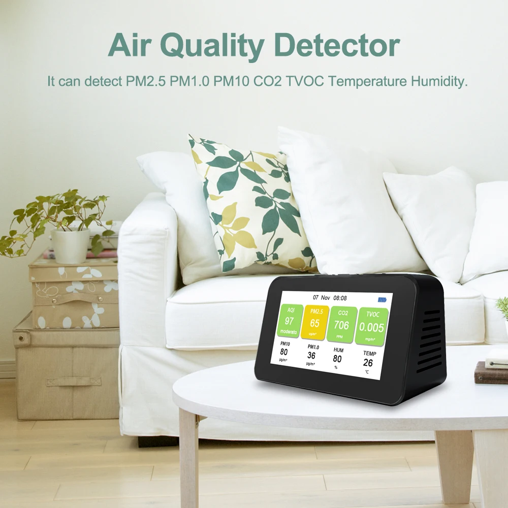 

DM601 Multi-function LCD Air Quality Monitor PM2.5 PM1.0 PM10 CO2 TVOC Particle Detectors CO2 meter Temperature Humidity Monitor