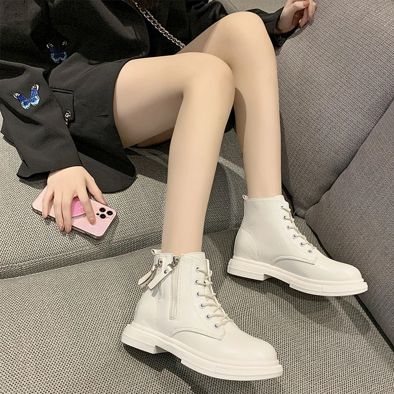 2021 Spring Autumn Leather Shoes for Women Fashion High-top Lace-up Shoes Thick Bottom Casual Short Tube Shoes Zapatillas Mujer