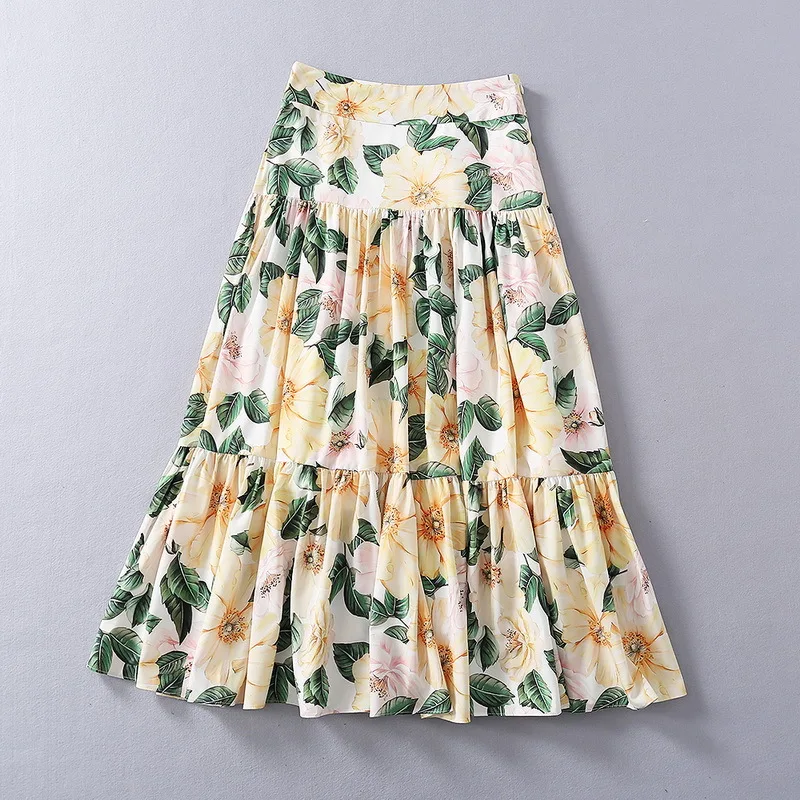 and American women's European clothing new 2021 spring Floral print fashion Pleated yellow skirt