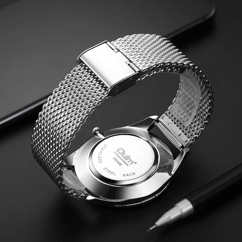 Oulm Мужские часы черные нержавеющая сталь сетчатый ремешок Авто Дата кварцевые