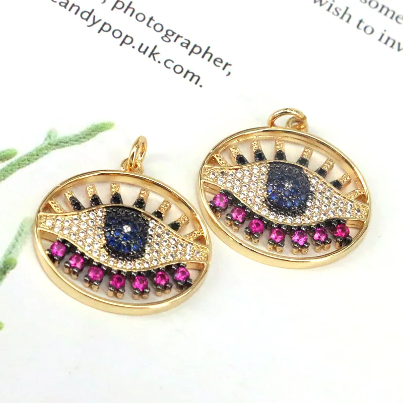 

6Pcs , CZ Micro Pave Evil Eye On Round Coin Shape Charm, Dainty Gold Plating Charm, Necklace Bracelet Charm Pendant,14x19mm
