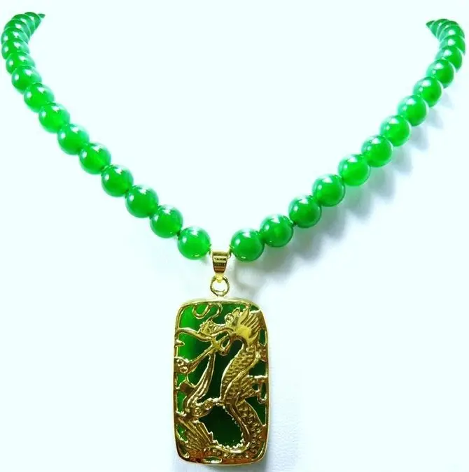 

fine 8mm green natural stone /mixed white pearl necklace +lucky dragon pendant