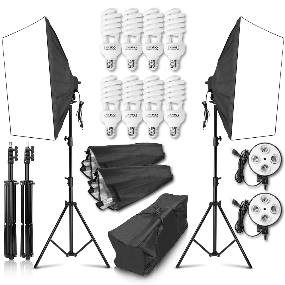 Photography 50x70CM Softbox Lighting Kit 4 Socket Lamp Holder 8Pcs 45W Bulb 2m Light Stand Camera Accessories For Portrait Video