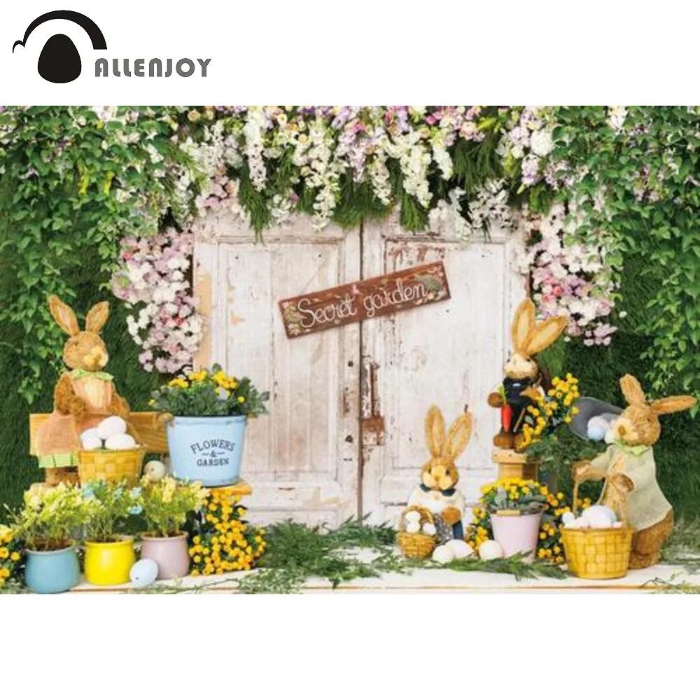 

Allenjoy Spring Easter Background Bunny Baby Shower Eggs Floral Wood Barn Garden Birthday Party Festival Photophone Backdrop