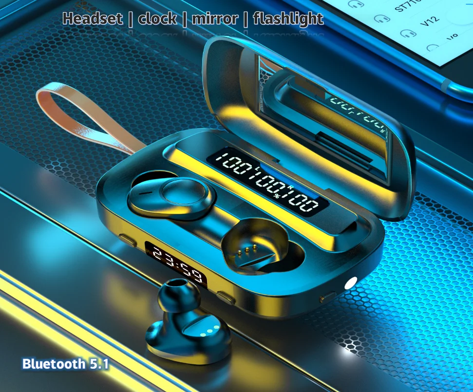 Беспроводные наушники Bluetooth 2500 мА/ч TWS вкладыши с микрофоном светодиодный фонарик