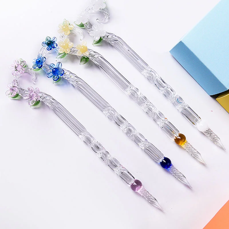 Rattan Flower Glass Dip  Pen Crystal  Pen With  Color Gold Powder Ink  Hand Brush Set Gift Box