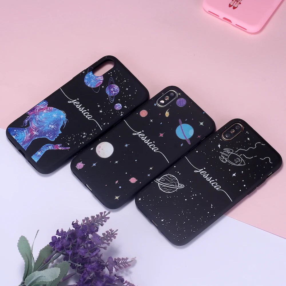 

Custom Personalization Outer Space Moon Stars Girl Name Monogram Phone Black Case For iPhone 12 11 Pro XS Max XR X 7Plus 8Plus