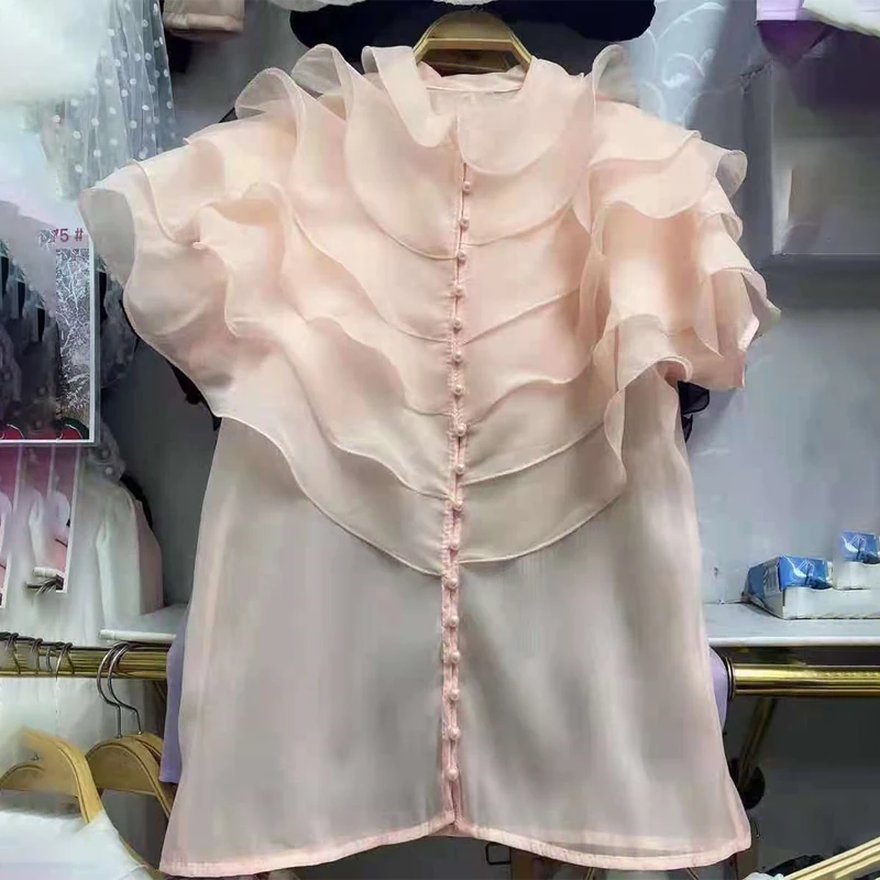 

VGH Purple Vintage Patchwork Ruffle Shirts For Women O Neck Short Sleeve Slim Casual Blouses Female 2021 Summer Fashion Clothing