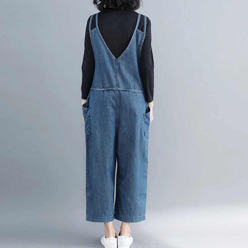 Large Size Rompers Women Overalls High Waist Lace Up Jumpsuit Women Denim Rompers Autumn Loose Wide Leg Suspenders Jumpsuits