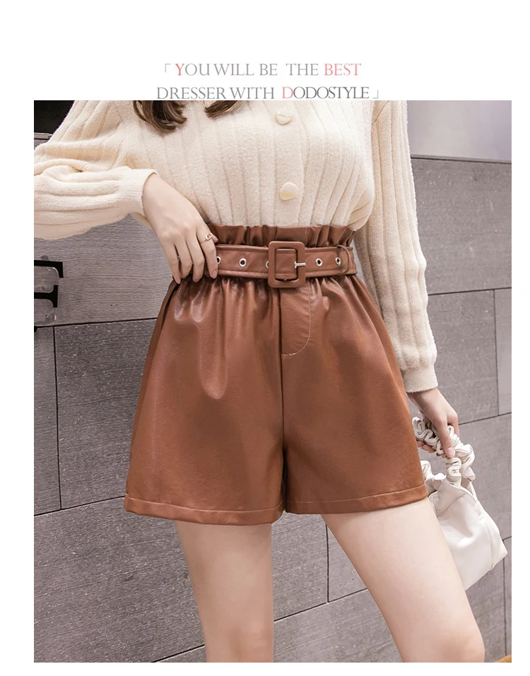 PU Leather Wide-legged Shorts With Slashes Women Empire PU Shorts Girls A-line Faux Leather Shorts Bottoms BH6191
