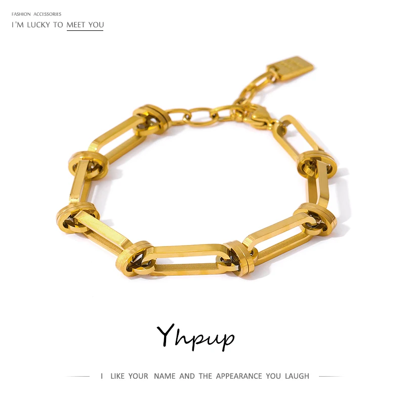 

Yhpup Simple Stainless Steel Chain Bracelet Women Metal Texture 18 K Statement Bracelet joyería acero inoxidable mujer Gift