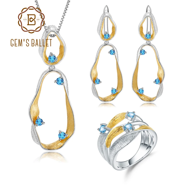 Комплект ювелирных изделий из натурального швейцарского голубого топаза ручной