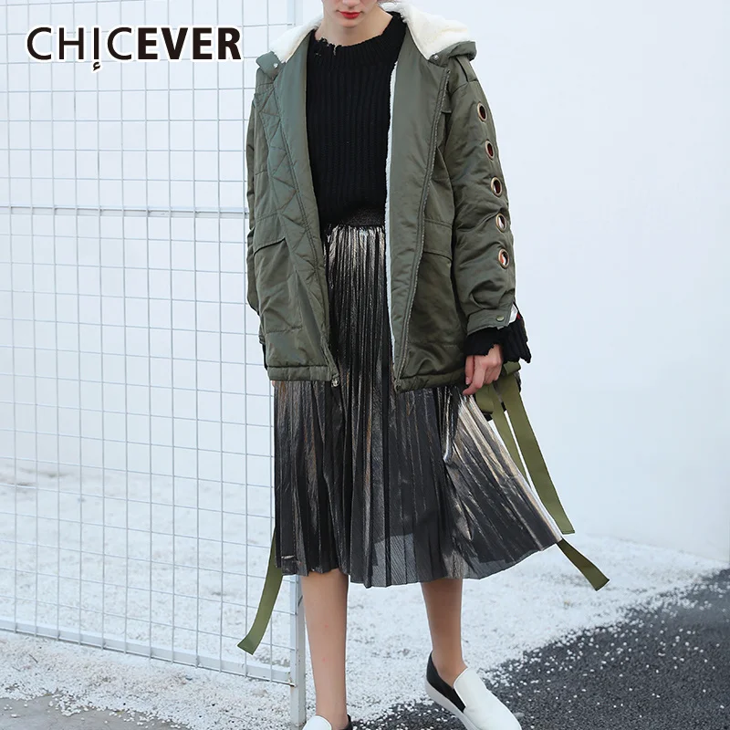 

CHICEVER, однотонное хлопковое пальто для женщин, с капюшоном, с длинным рукавом, в стиле пэчворк, на шнуровке, с разрезом сзади, парки для женщин,...