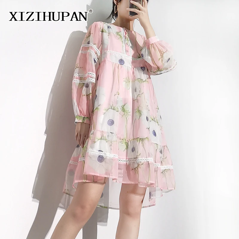 

Платье-пуловер XIZIHUPAN женское с круглым вырезом, свободное мини-платье с длинным рукавом-фонариком, в стиле пэчворк, лето 2022