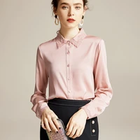 spring new womens elegant pure color silk shirt womens fashion lapel long sleeved embroidered blouse