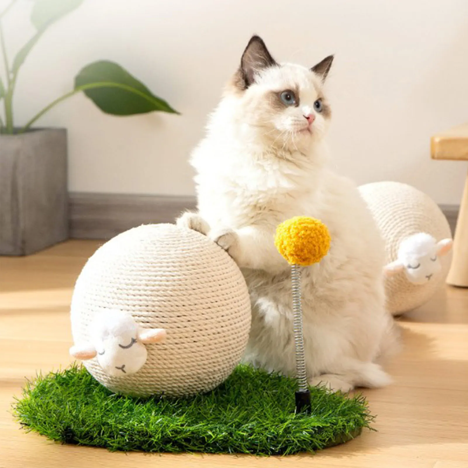 Cute Sheep Cat Scratcher Ball Toy Kitten Claw Scratch Sisal Rope Balls with Anti-slip Base Catching Ball Spring Stick
