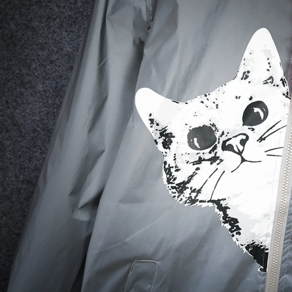 

New Men's Reflective Hip Hop Jacket Funny Hooded Cat Waterproof Pocket Ladies Fashion Street Clothing Jacket Windbreaker