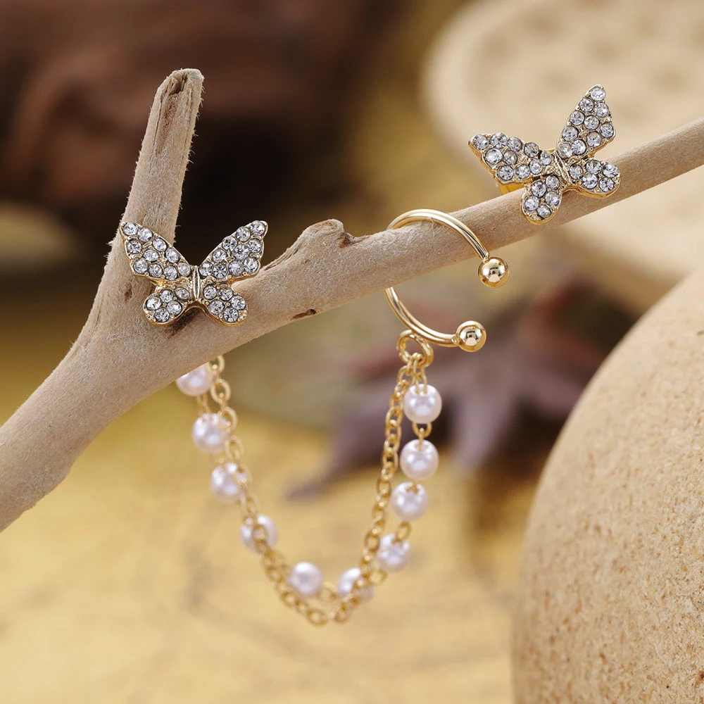 

Vintage Simulation Pearl Long Earrings Female Butterfly Drop Dangle Earrings Flower Rhinestone Pendant Earrings Fashion Jewelry