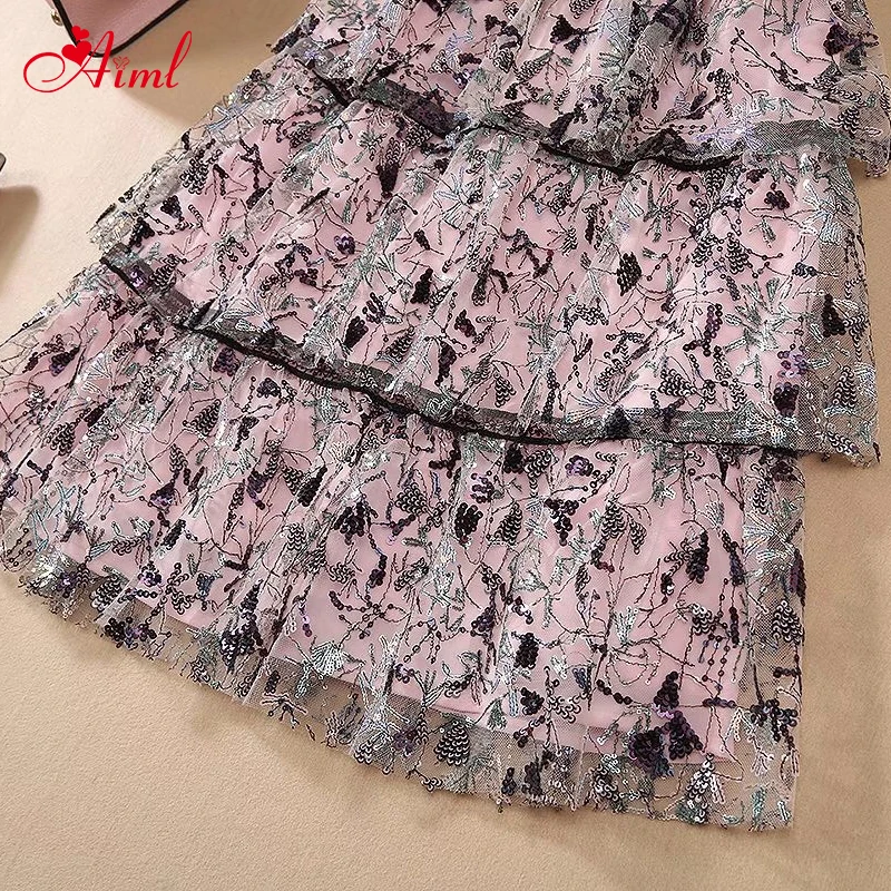 

Designer 2020 Fashion Runway Summer Dress Fashion Sequin Embroidery Flower Gauze Sequins Female Layered Party Midi Dress New