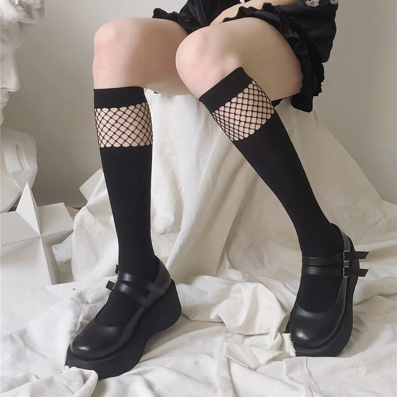 JK Black Stockings Women Patchwork Mesh High Knee Socks Female Lolita Long Socks Girls Dress Calcetine Medias