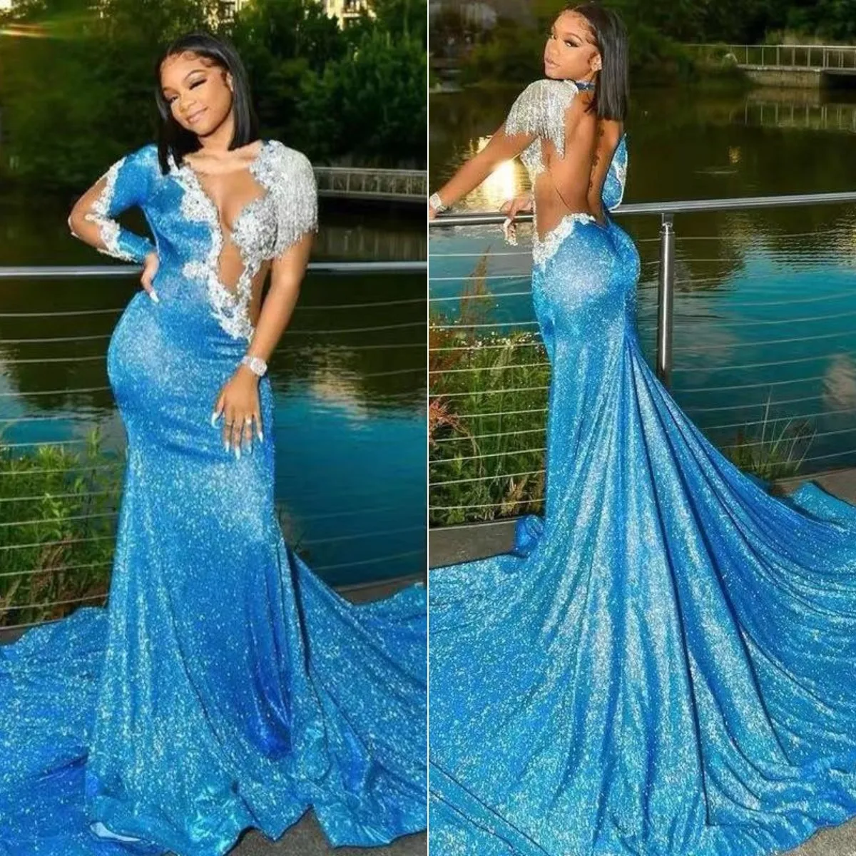 

Blue Prom Dress Evening Gowns Sheer Jewel Neck Beaded Lace Long Sleeve Mermaid Sweep Train Custom Made Illusion Robes De Soirée