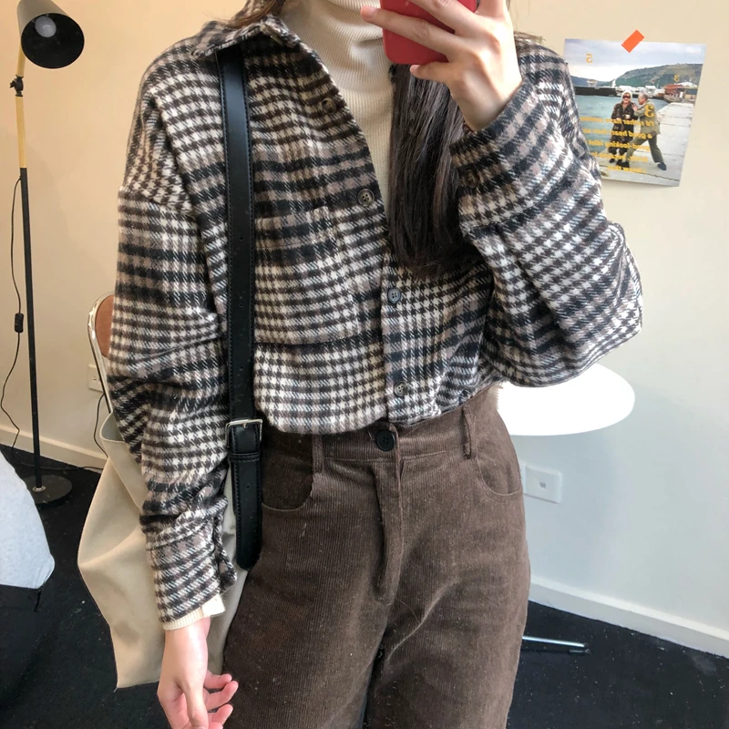 

Vintage Thick Warm Blouse Women Korean Autumn Winter Long Sleeve Plaid Shirts Women Blouses Casual Tops blusas mujer