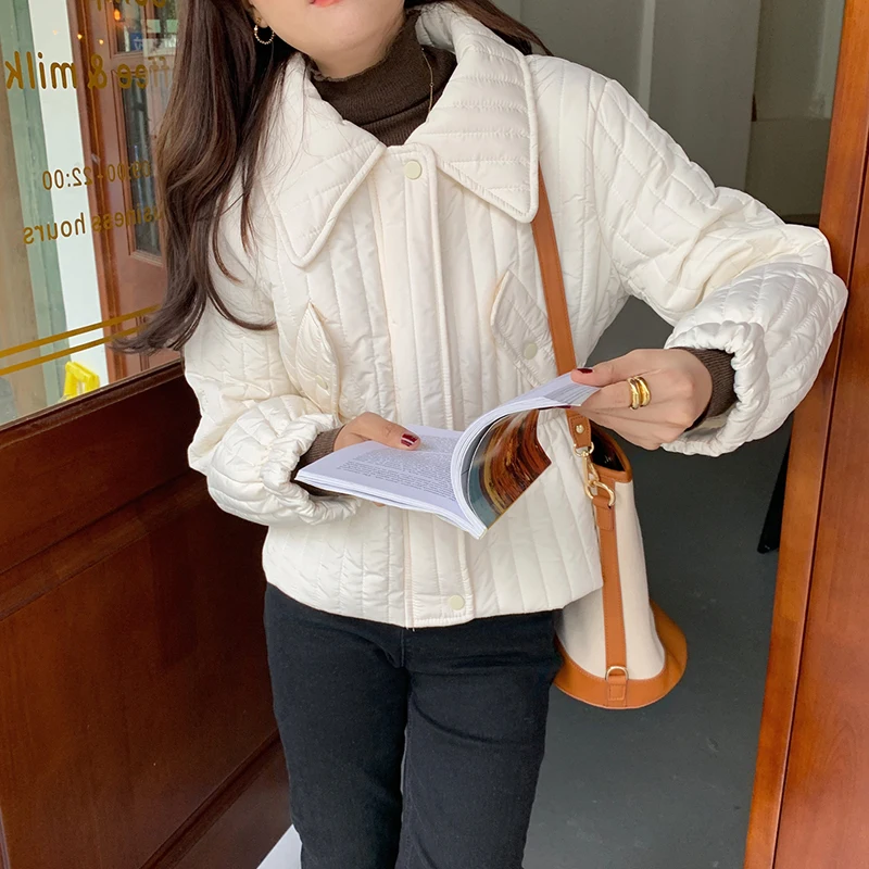 

Comelsexy Chic Winter Solid Elegant Women Bread Clothe Peter Pan Collor Padded Coat Loose Casual Jacket Female Outwear Top