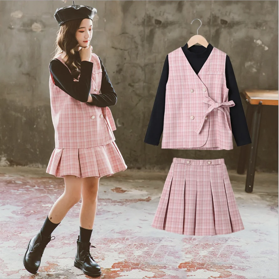 

Girls' Vest Suit New 2021 Medium And Large Children's Skirt Girls Three-Piece Long-Sleeved Top Two-Piece Pink