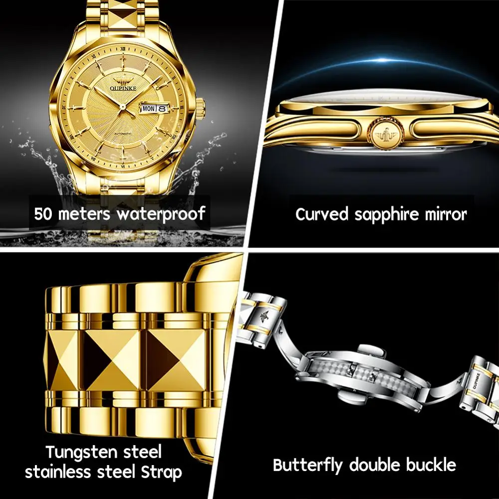 

OUPINKE Mechanical Watch Men Wrist Automatic Luxury Watches Men Waterproof Gold Tungsten Steel Watch Clock Montre Homme P3172-M