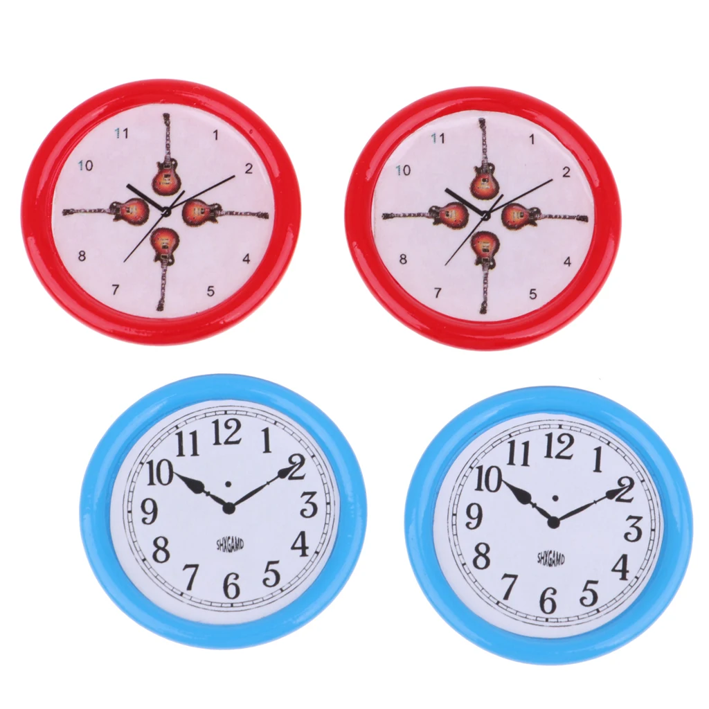 

4 Pieces Dollhouse Miniature Scene Model Simulation Wall Clock Home Decoration -Red & Blue